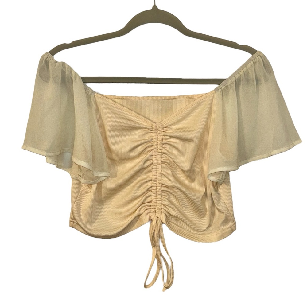 Cream White Crop Top Shirt Off the Shoulder Design Snitched Waist Women’s Large!